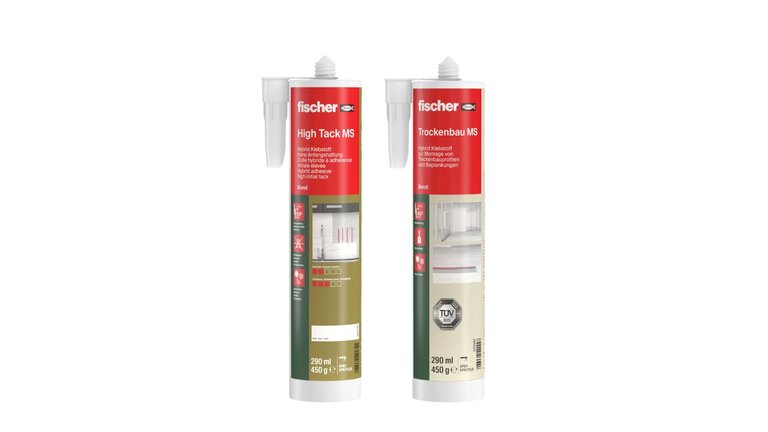 Zwei fischer Hybrid-Klebstoffe in Kartuschen: High Tack MS und Trockenbau MS